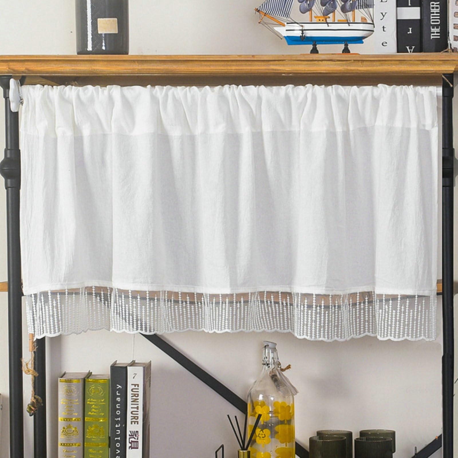 Rideau sous évier cuisine petit rideau pour placard 130x45 cm en coton blanc