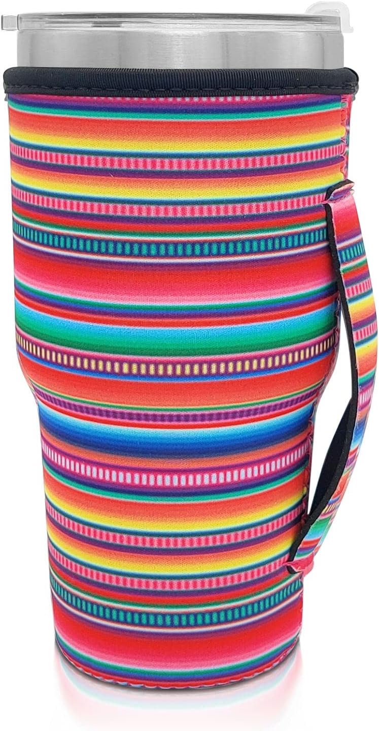 Reusable Iced Coffee Cup Sleeve Neoprene Insulated Sleeves Cup Holder with handle Idea for 30oz - 32oz Tumbler Cups, Protein Shake Bottles (Serape)