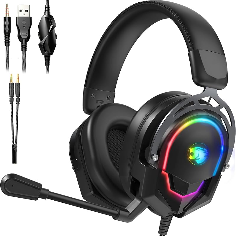 Auriculares para juegos K98 con cable RGB con micrófono, auriculares supraaurales para juegos, controladores de neodimio de 50 mm, micrófono con aislamiento de ruido, cojines de espuma viscoelástica, marco de aleación de aluminio para PC, PS5, PS4, Xbox, Switch
