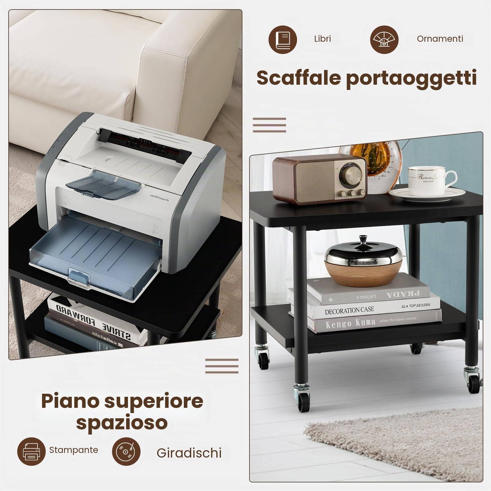 GIANTEX Carrello Stampante con 2 Ripiani, Mobile Ripiano per Stampante, Supporto per Stampant Girevole, Scaffale a 2 Livelli, Portaoggetti con Ruote, 3 Colori (Nero)