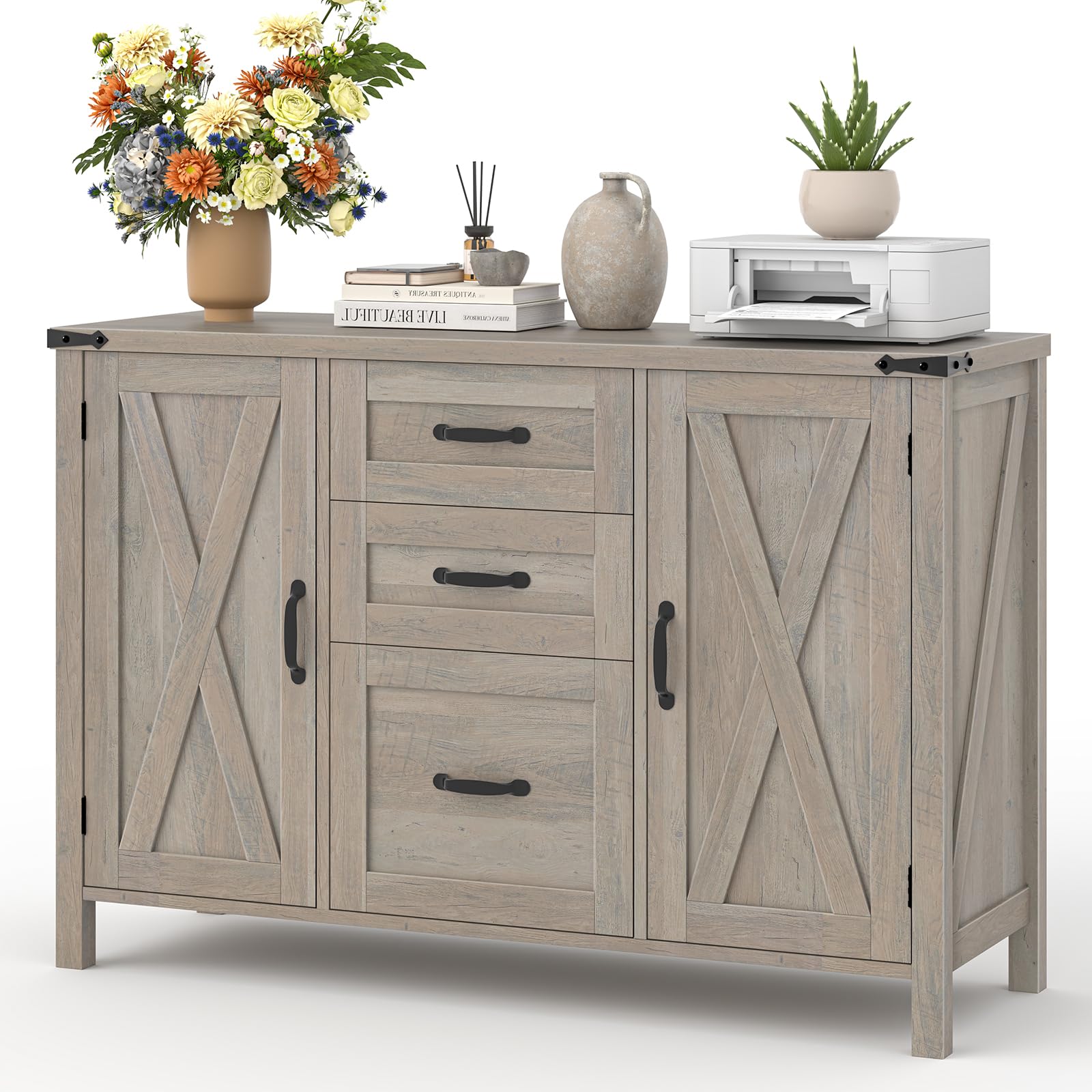 Vabches File Cabinet with 3 Drawers, Farmhouse Lateral File Cabinet Fits Files Letter/A4 Size, Wooden Filing Cabinet with Door and Adjustable Shelves