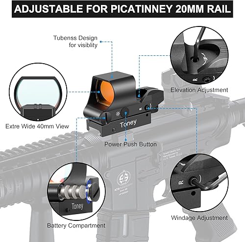 Miniatura 2 de Toney Mira de punto rojo, mira de reflejo de 4 miras de retícula ajustables, óptica de punto rojo, fácil montaje para riel Picatinny de 0.787in,