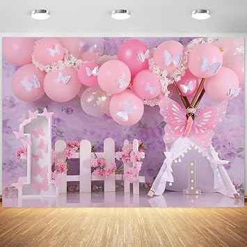 7x5ft Happy 1st Birthday Backdrop for Girls Pink Butterfly Flowers Balloons Photography Background Baby Girl First Birthday Party Decorations Wallpaper Photo Studio Props