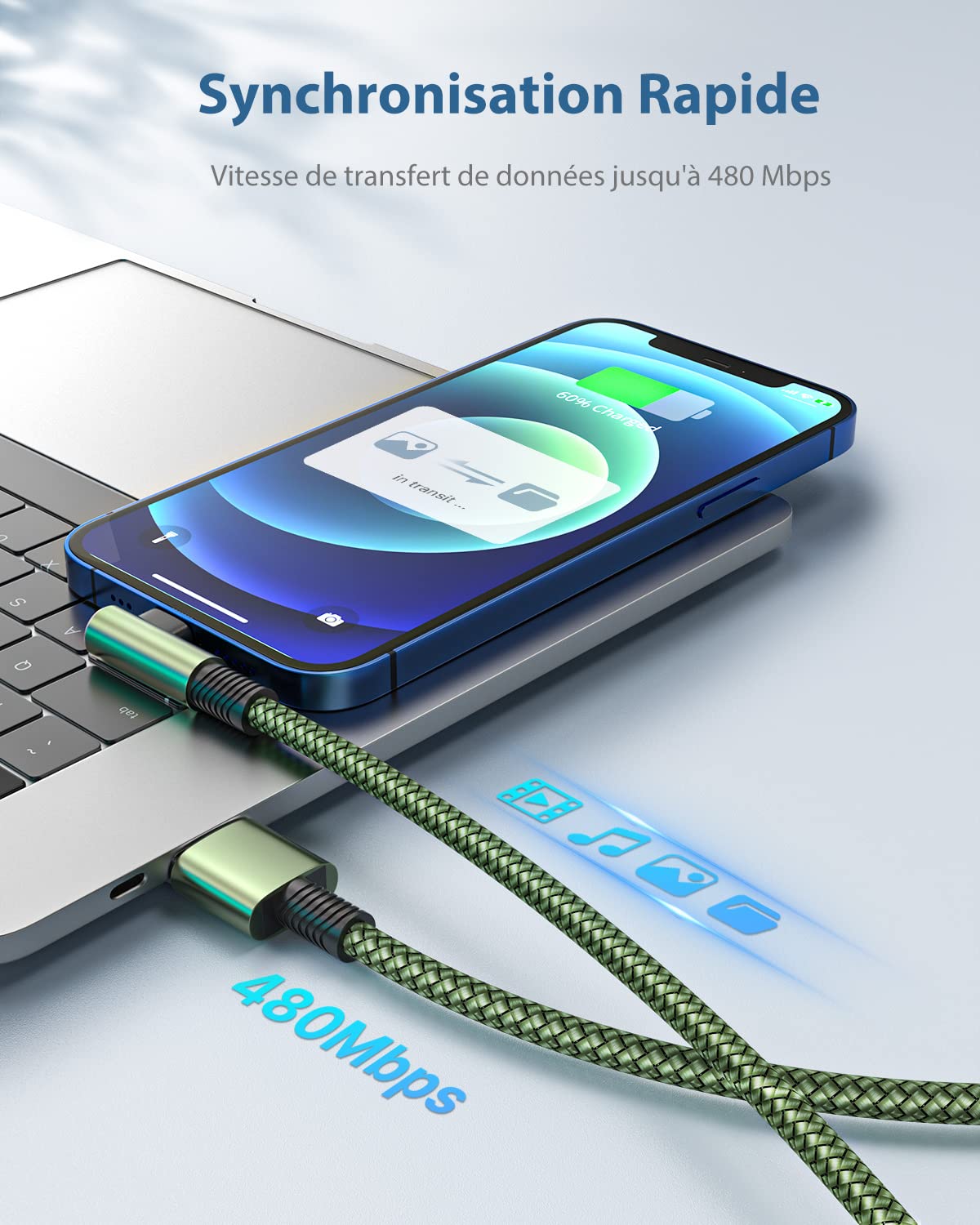 Yosou Câble iPhone [2m/Lot de 2] Cable Chargeur iPhone Angle droit 90 Degrés Certifié MFi Câble Lightning Nylon Tressé Cordon Fil Chargeur Rapide pour iPhone 14 13 12 11 Pro Max XS XR X 8 7 SE,iPad