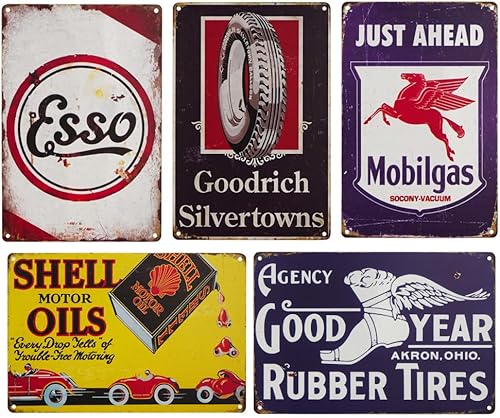 Letreros de lata vintage, juego de 5, aceite de motor y anuncios automotrices (blanco)