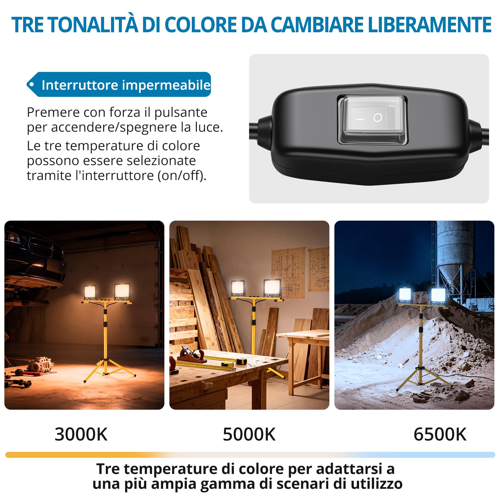 AUTOUTLET Faretto da Cantiere con Treppiede Allungabile,2x 100W 19000LM Faro Led Ricaricabile con 3 Temperature Colore e Cavo di Alimentazione da 5 M,IP66 Impermeabile,per Garage Officina e Esterno