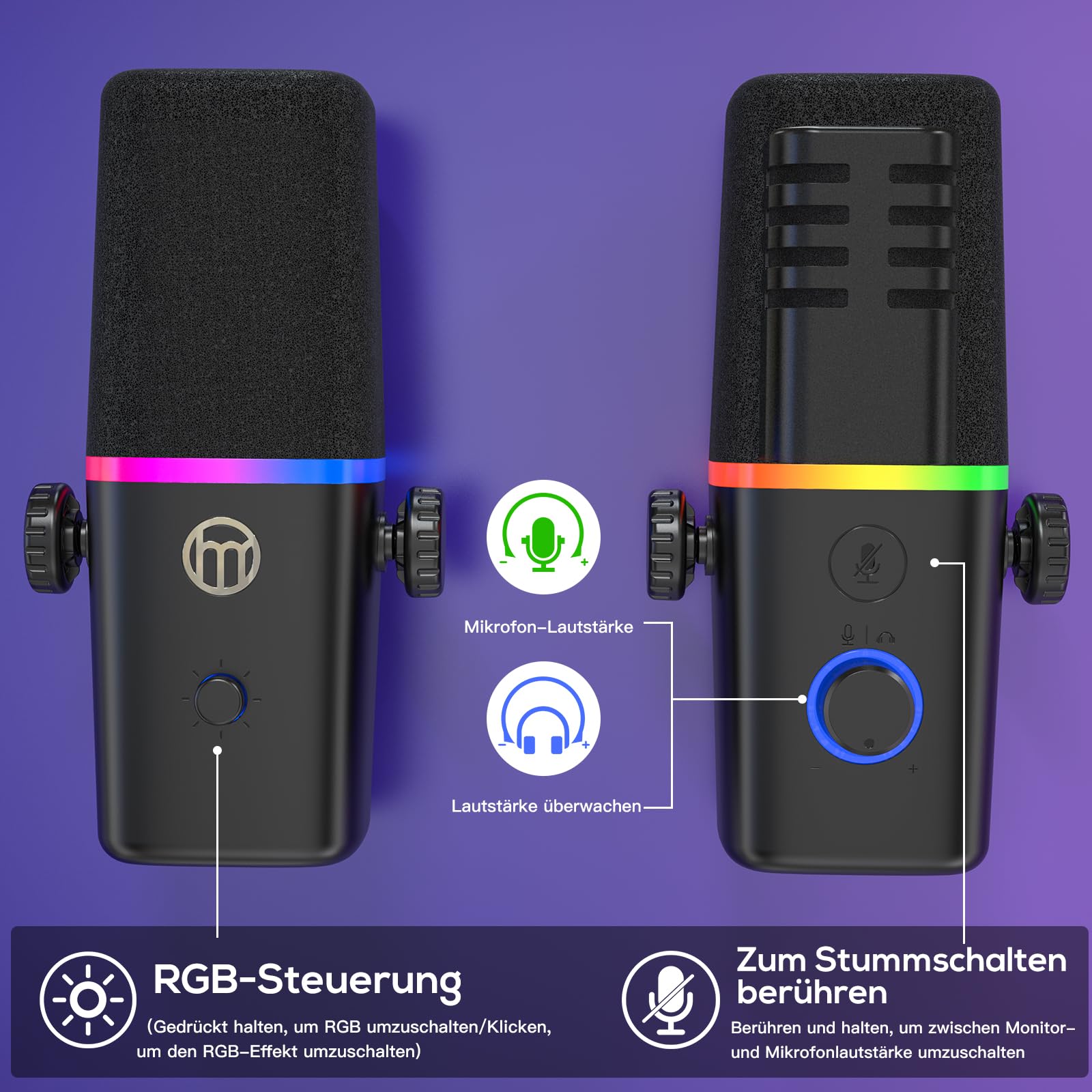 zealsound Dynamisches Gaming Mikrofon mit Arm, XLR/USB Mikrofon, KD8S | Mit Stummschaltung, Gain-Regler, USB-C & Lightning Adapter, Kompatibel mit PC, Handy & Soundkarten, für Podcast & aufnahmen