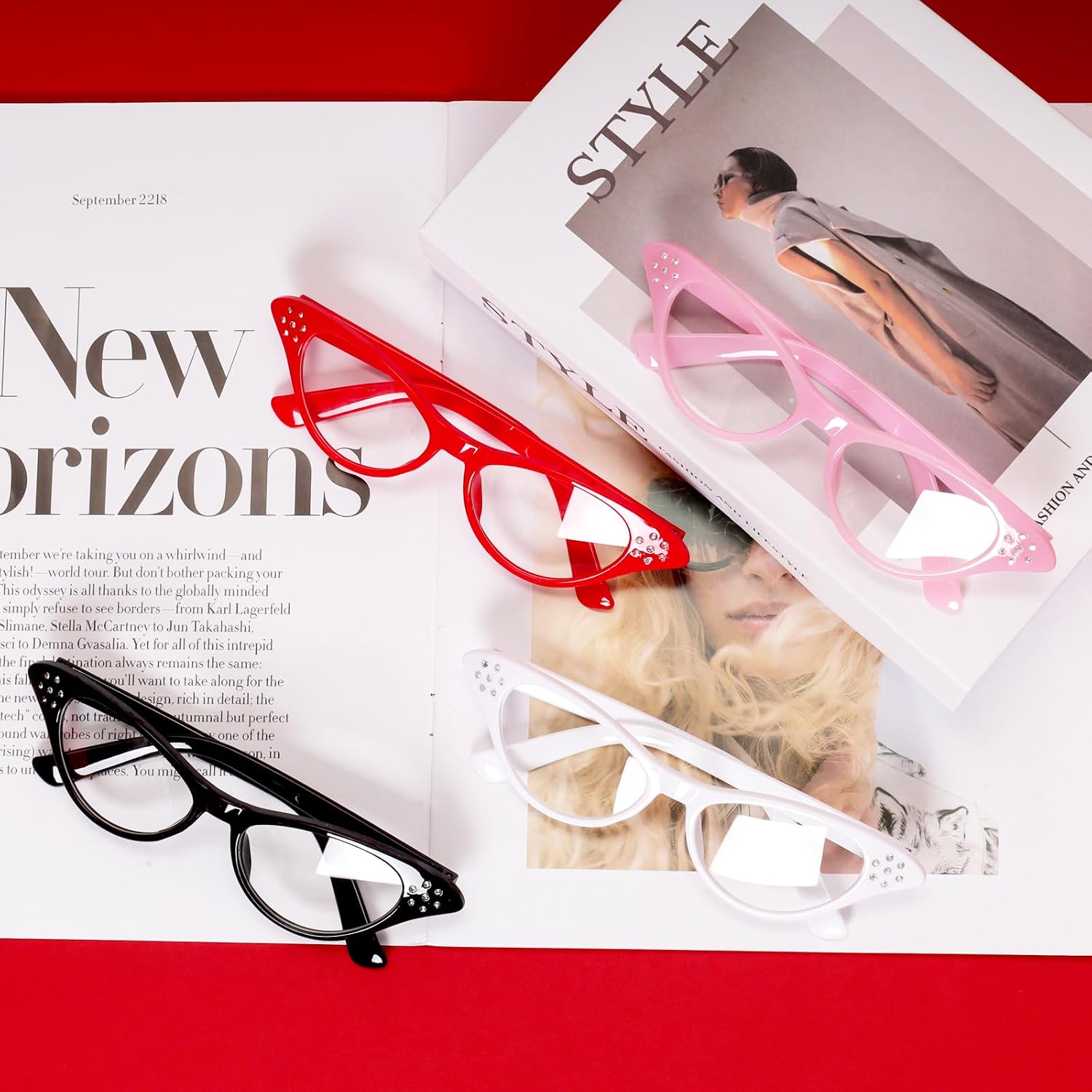 Fumwase 4PCS Cat Eye Glasses with Rhinestones 50s 60s Party Costume Old Lady Glasses for Halloween Cosplay Hip Hop Dress Up (Black+White+Red+Pink)