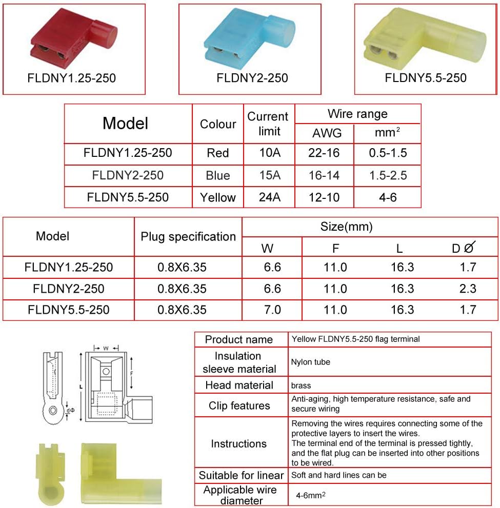 SaferCCTV 22-16 Nylon Flag Spade Connector,1/4" Female Quick Disconnects Electrical Crimp Wire Terminals,200pcs FLDNY2-250