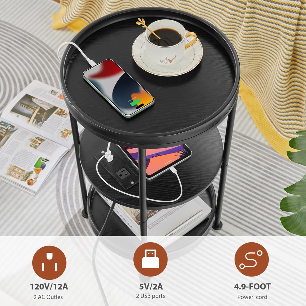 Dulcii Tavolino rotondo con stazione di ricarica, tavolino da 61 cm con 3 ripiani per soggiorno, camera da letto, comodino con struttura in acciaio per piccoli spazi, divano rotondo industriale (USB +
