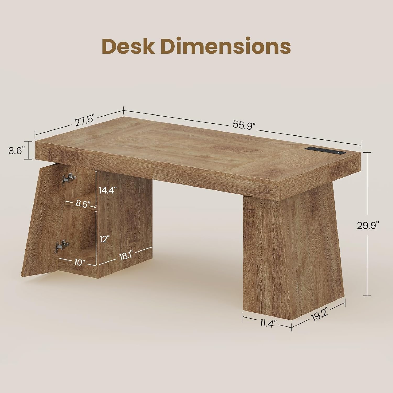 55.9-Inch Executive Desk with 2 Storage Cabinet, Mid-Century Modern Home Office Desk with Power Outlets, Wood Computer Desk Business Workstation for Working, Writing, Studying (Oak)