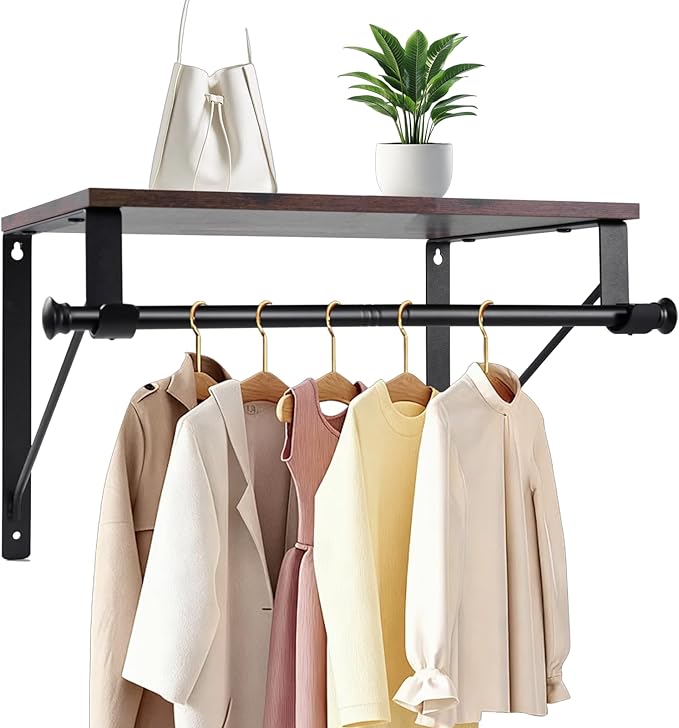Wall Mounted Closet Organizer with Adjustable Hanging Rod and Storage Shelf, Heavy Duty Closet Shelf with Hanging Rod, Space Saving Wall Hanging Rack for Bedroom, Bathroom, Laundry Room, Kitchen