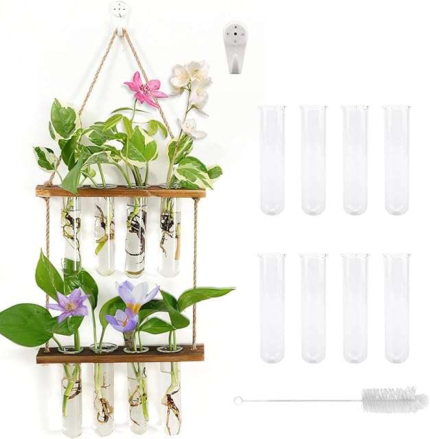 Coikes Propagation Station, Wall Hanging Test Tube Vase with Wooden Stand & Strings Rope, Glass Planter Plant Terrarium for Hydroponic Plants Home Garden Indoor Decor (8PCS)