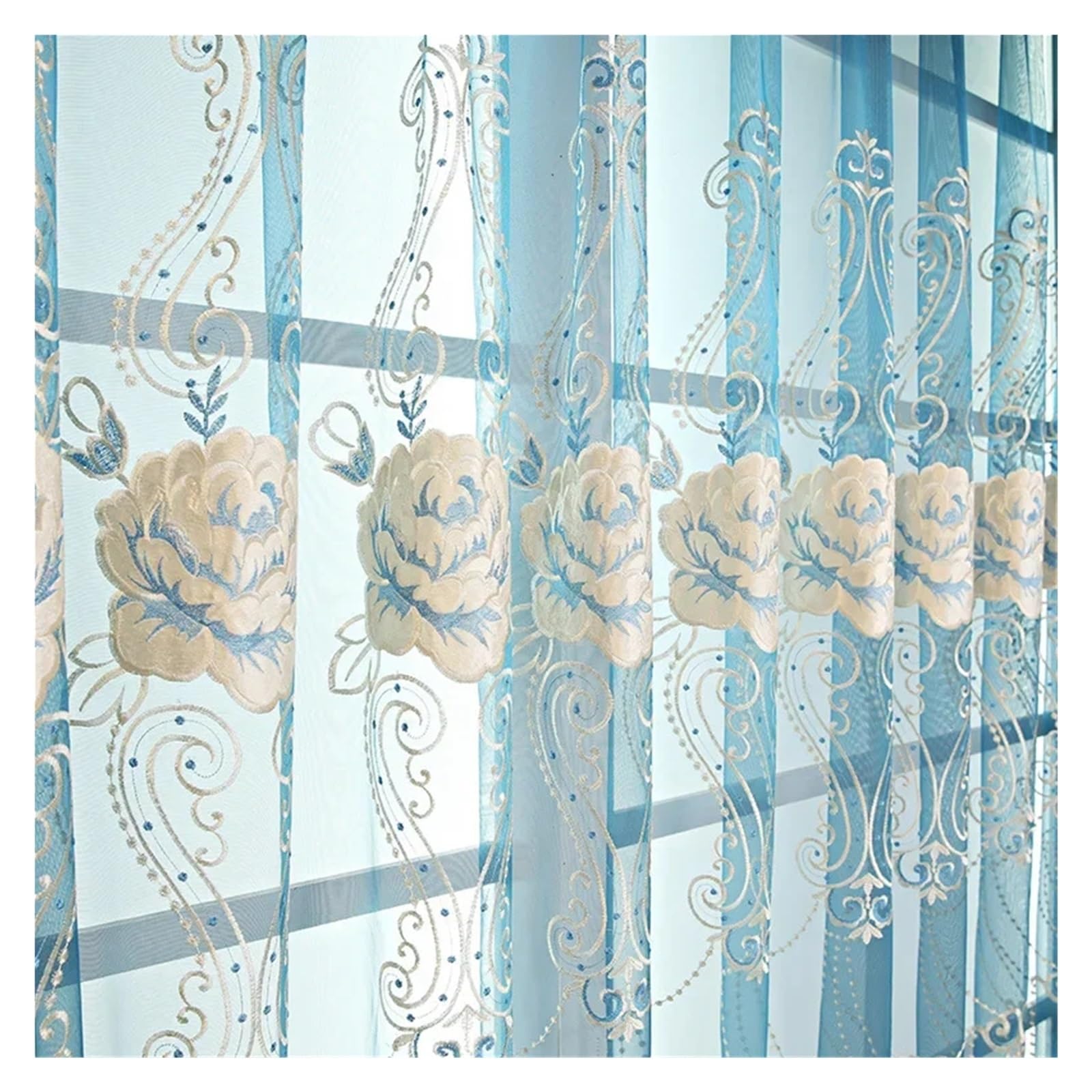 Rideaux salon chenille occultante bleu tulle W350xH250cm pour chambre