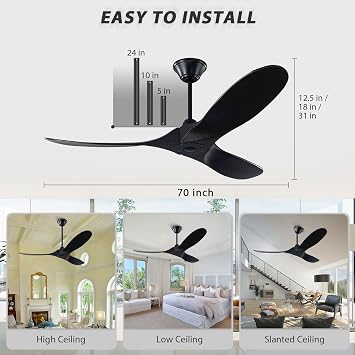 70 Inch Outdoor Ceiling Fans Without Lights with Remote, Solid Wood Ceiling Fan with Quiet Reversible DC Motor, Large Modern Black Ceiling Fans for Patios Living Room Porch Bedroom
