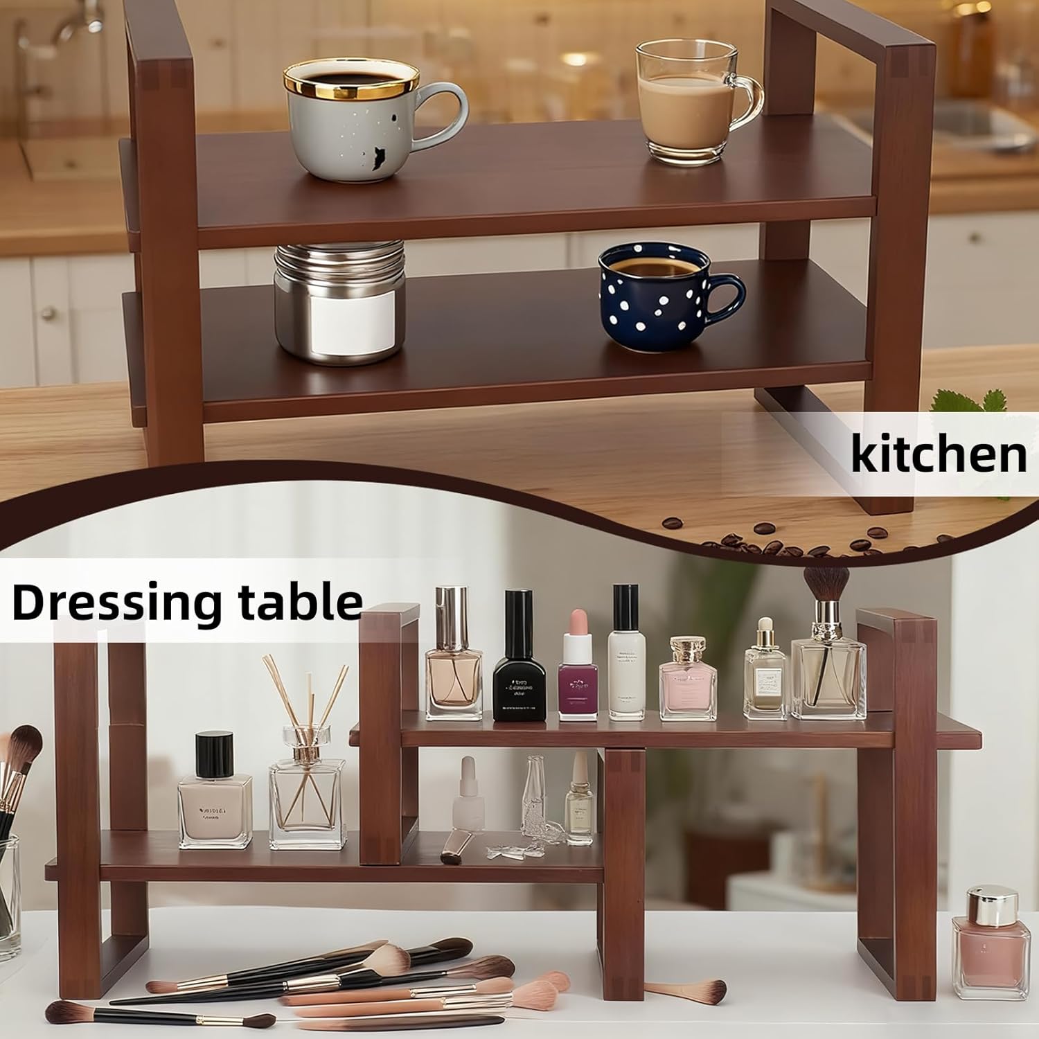 Desk Shelf, 100% Solid Wood Adjustable Desktop Bookshelf, No Tools, Nails or Glue Required for 130lb Load Capacity for Living Room, Office, Books, Cookbooks, Interlocking Joints Walnut Colour