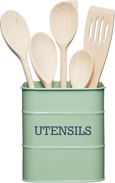 KitchenCraft Living Nostalgia Metal Kitchen Utensil Holder, 15 x 15 x 16 cm (6" x 6" x 6.5") - English Sage Green
