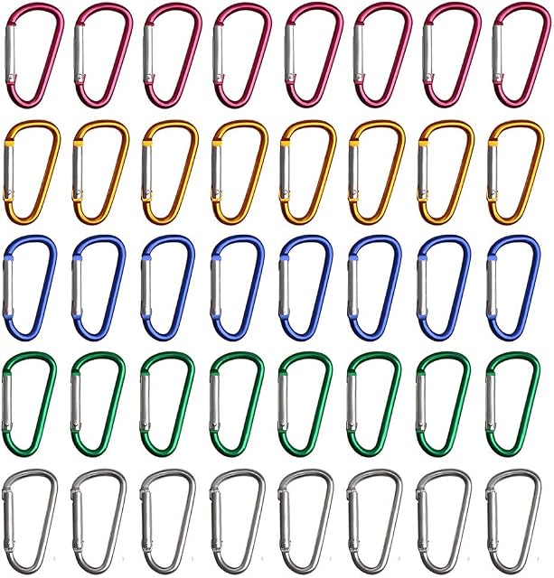 nuosen 40 PCS Locking Carabiner, D-Shaped Carabiner Key Chain Aluminum D-Ring Carabiner Clip Hook for Camping Hiking (5 Colors)