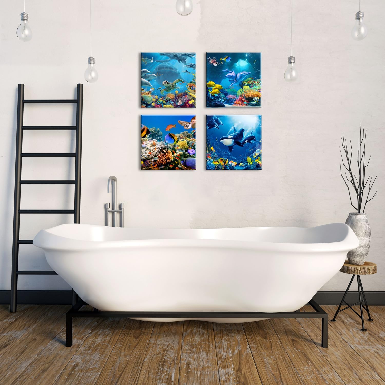 Dolphin Wall Art Bathroom Ocean Animal Pictures Sea Turtle Fish Whale Wall Decor Blue Undersea World Coral Reef Landscape Canvas Prints Nautical Painting Coastal Posters Artwork Decoration 12x12” 4Pcs