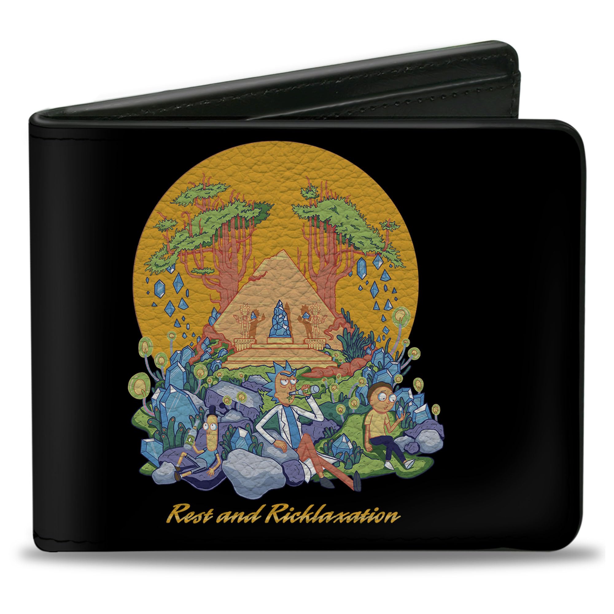 Buckle-Down Men's Rick and Morty Wallet, Bifold, Rest and Ricklaxation Group Pose Black, Vegan Leather, 4.0