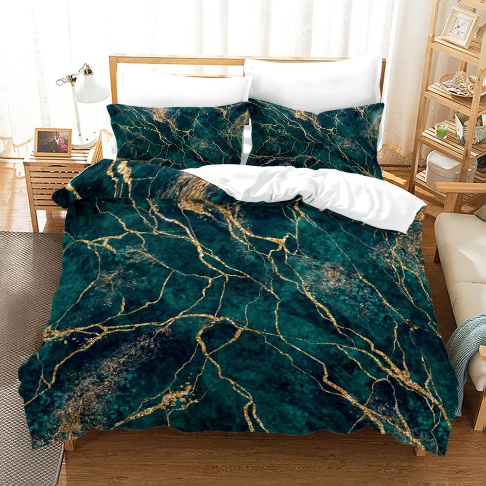 Housse de couette marbre vert anti-plis, parure de lit 240x220 hypoallergénique facile à laver