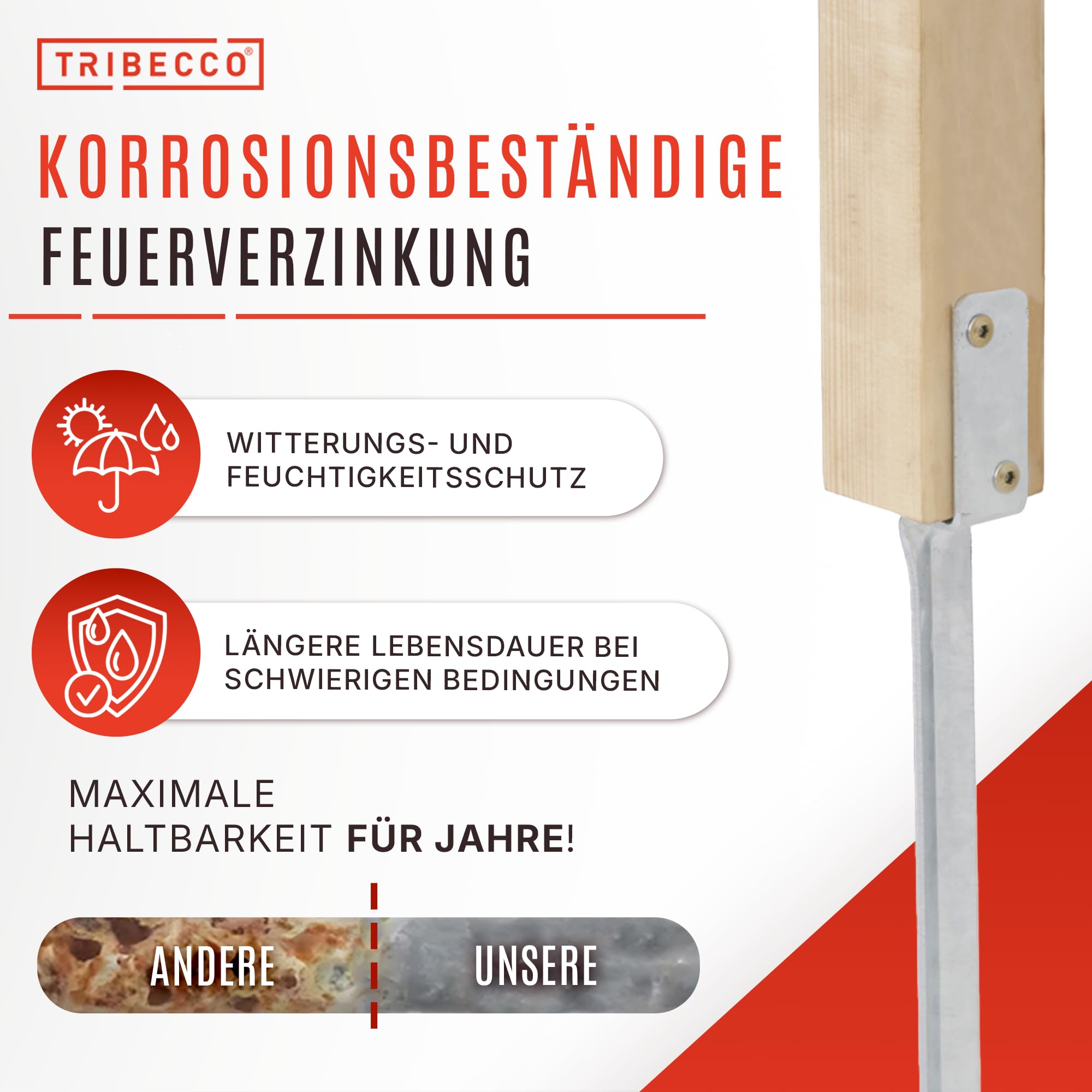 TRIBECCO Einschlag-Bodenhülse L-Form für Vierkant-Holzpfosten Abmessungen 40 x 530 mm L-Pfostenträger zum Einschlagen in den Boden universeller L-Stützenschuh aus Stahl feuerverzinkt (4, Silber)
