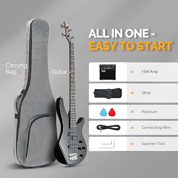 GLARRY 4 String Electric Bass Guitar Beginner Kit,GIB Series Full Size Solid Body Bass Guitar with 20W AMP, Gig Bag Backpack and Accessories (Black)