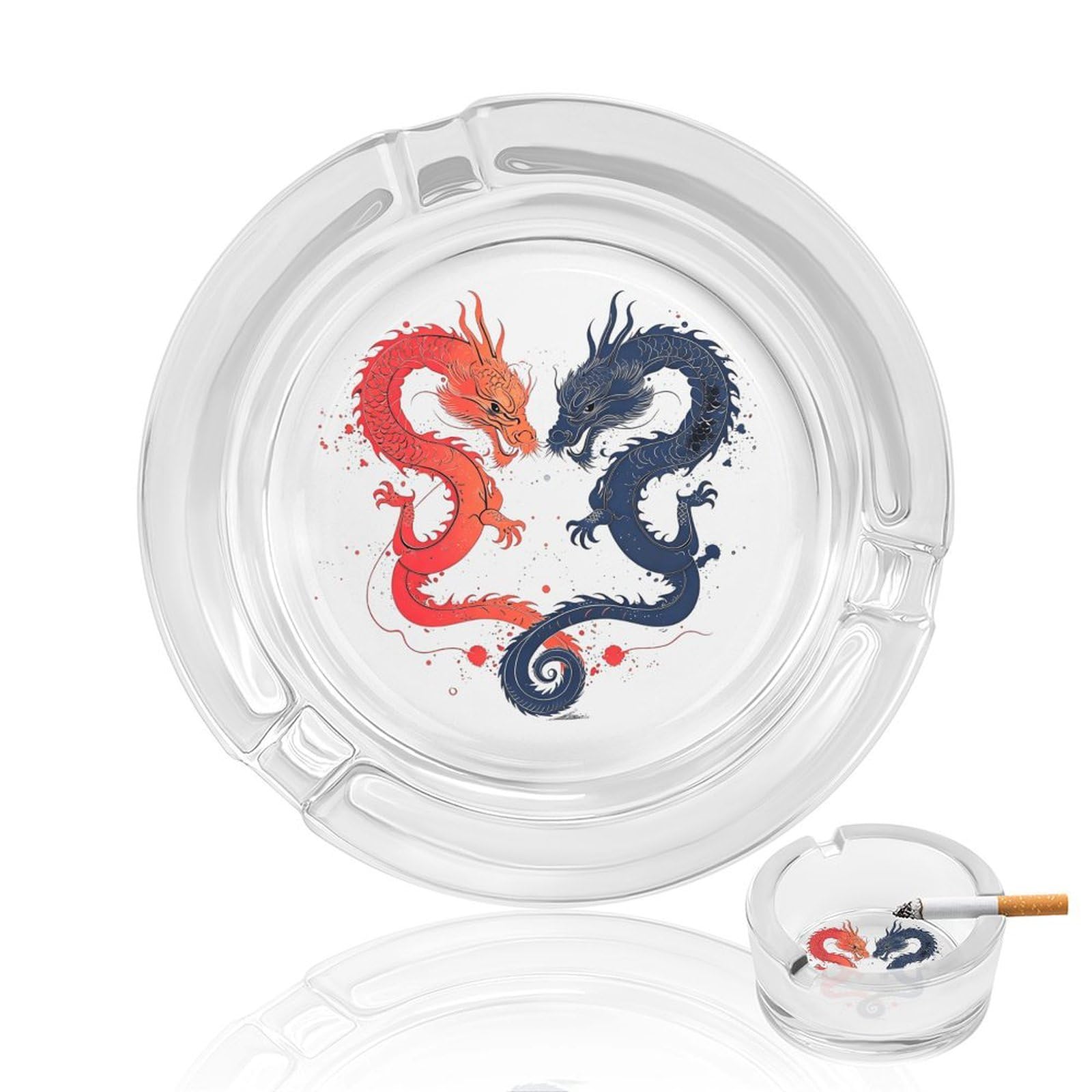Ying And Yang Japanese Dragons Ashtray Portable Round Glass Outdoor Ash Tray for Home Office Garden Pub