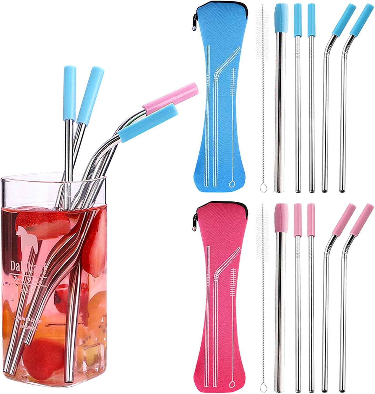 Reusable Metal Straws Set with Portable Case and Cleaning Brush