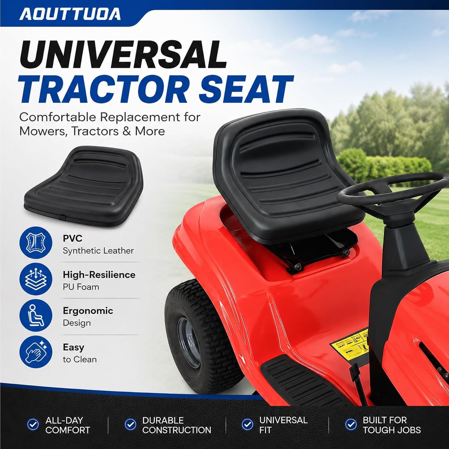 Universal Replacement Riding Lawn Mower Seat – Black PVC Vinyl Tractor Seat Compatible with John Deere Husqvarna Craftsman Kubota Toro MTD Exmark Gravely | Fits Forklift Excavator Mower