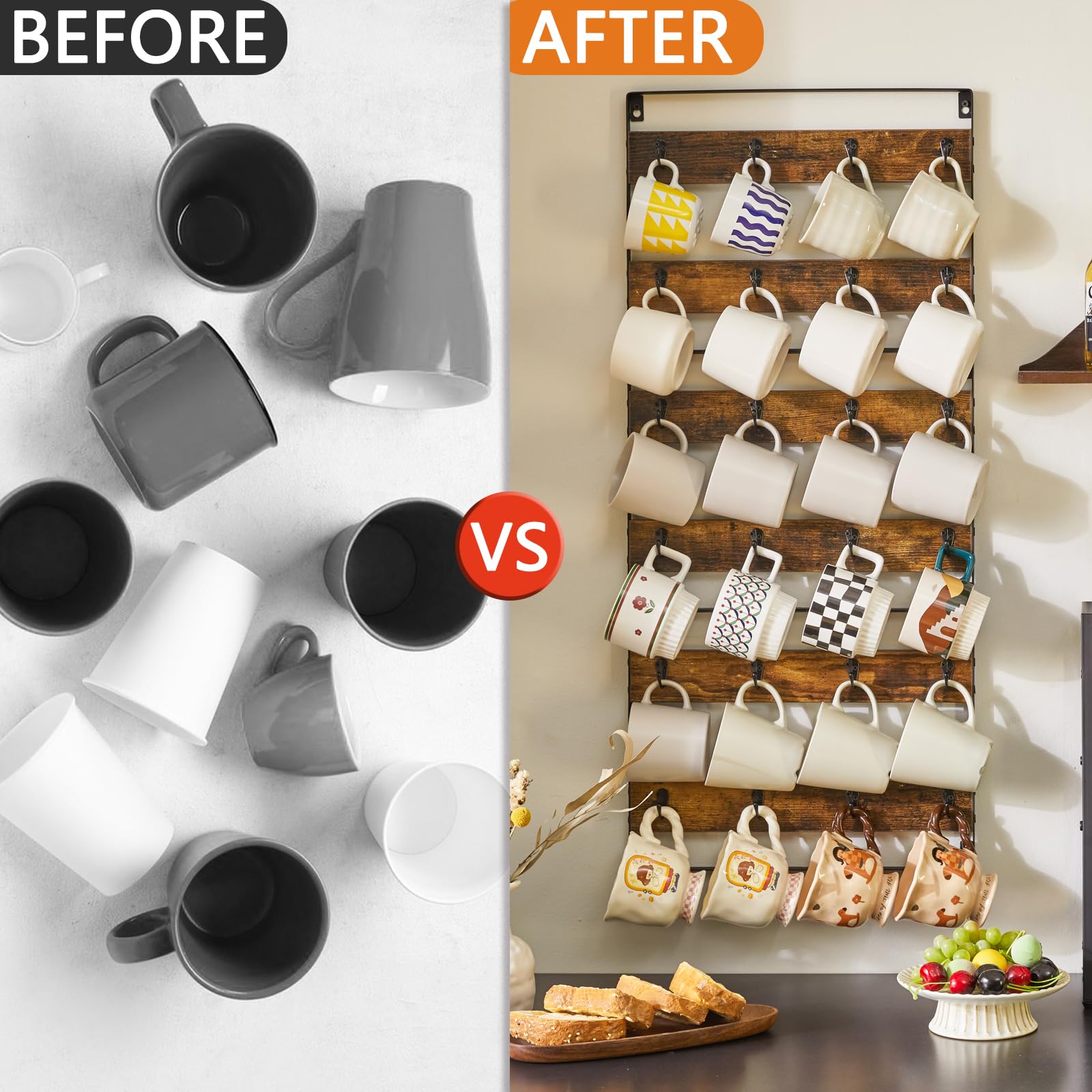 IBUYKE Porta Tazzine da Parete,Set da 3,con 24 Ganci,Marrone TBJ005H-3 | Supporto per tazza da Caffè Porta Bicchieri da Appendere Organizer per Tazze per Cucina Sala da Pranzo Bar