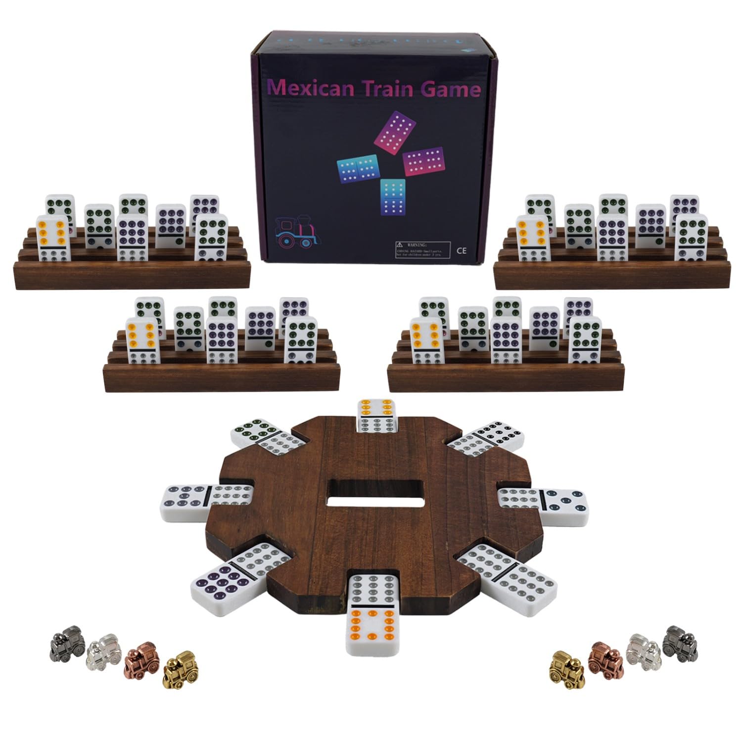 Dreamplay Gifts Mexican Train Dominoes Set with Wooden Hub, 91 Domino Tile Board Games Includes Metal Train Markers Colour Dot Double Twelve Set with 6 Woodentile Rack for Family Game Night