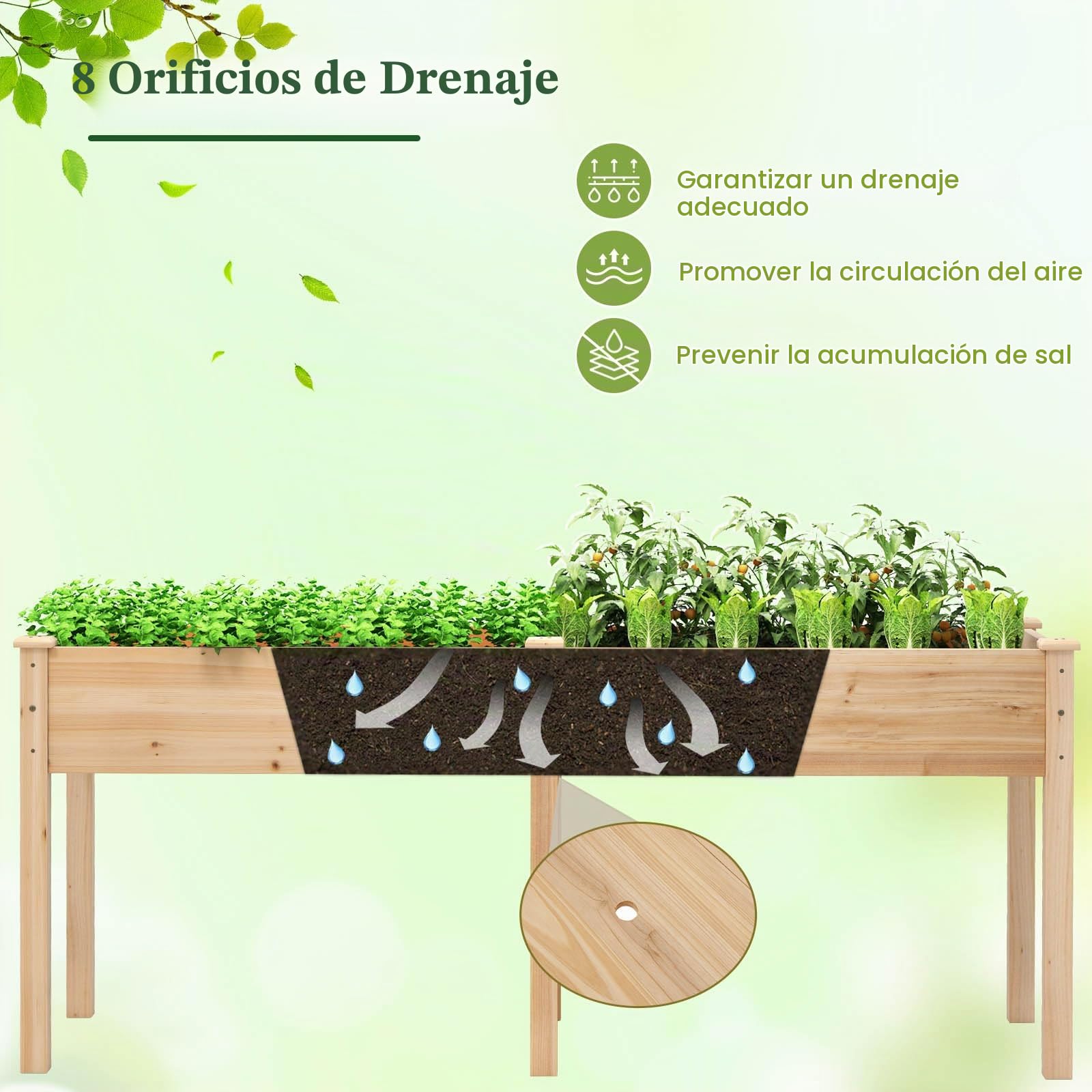 HOMASIS Huerto Urbano Elevado de Madera, Rectangular Cama de Jardín con 8 Orificios de Drenaje, Mesa Jardinera de Cultivo para Verduras, Flores, Frutas Patio Terraza (Natural)