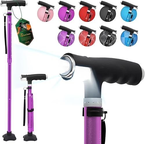 BeneCane Bastón plegable para mujer bastón plegable para hombre con dos luces LED bastón cuádruple con base estable ligero y ajustable