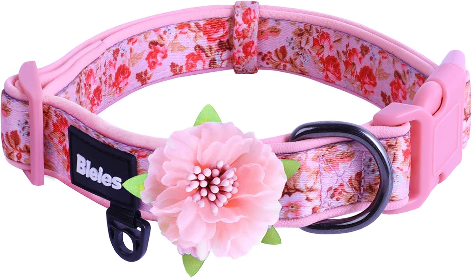 Cute Girl Dog Collar for Large Dog, Adjustable Pink Flower Dog Collars, Floral Pattern Personalized Dog Collar with Detachable Flower,…