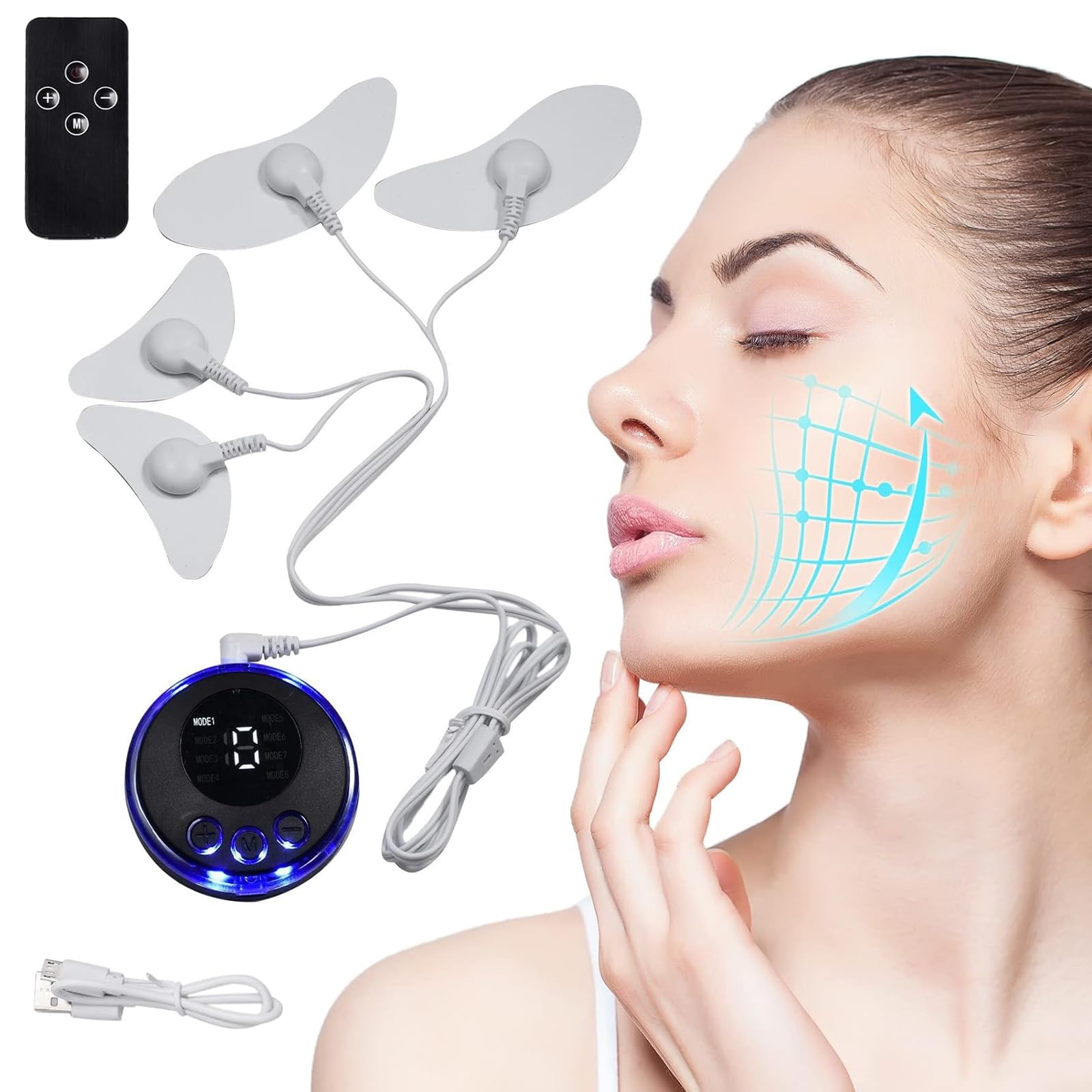 Masajeador facial eléctrico,Masajeador Facial,Masajeador Facial Reafirmante,con Almohadillas de Parche Estimulación EMS Masajeador Muscular 8 Modos,para Rejuvenecimiento Antiarrugas