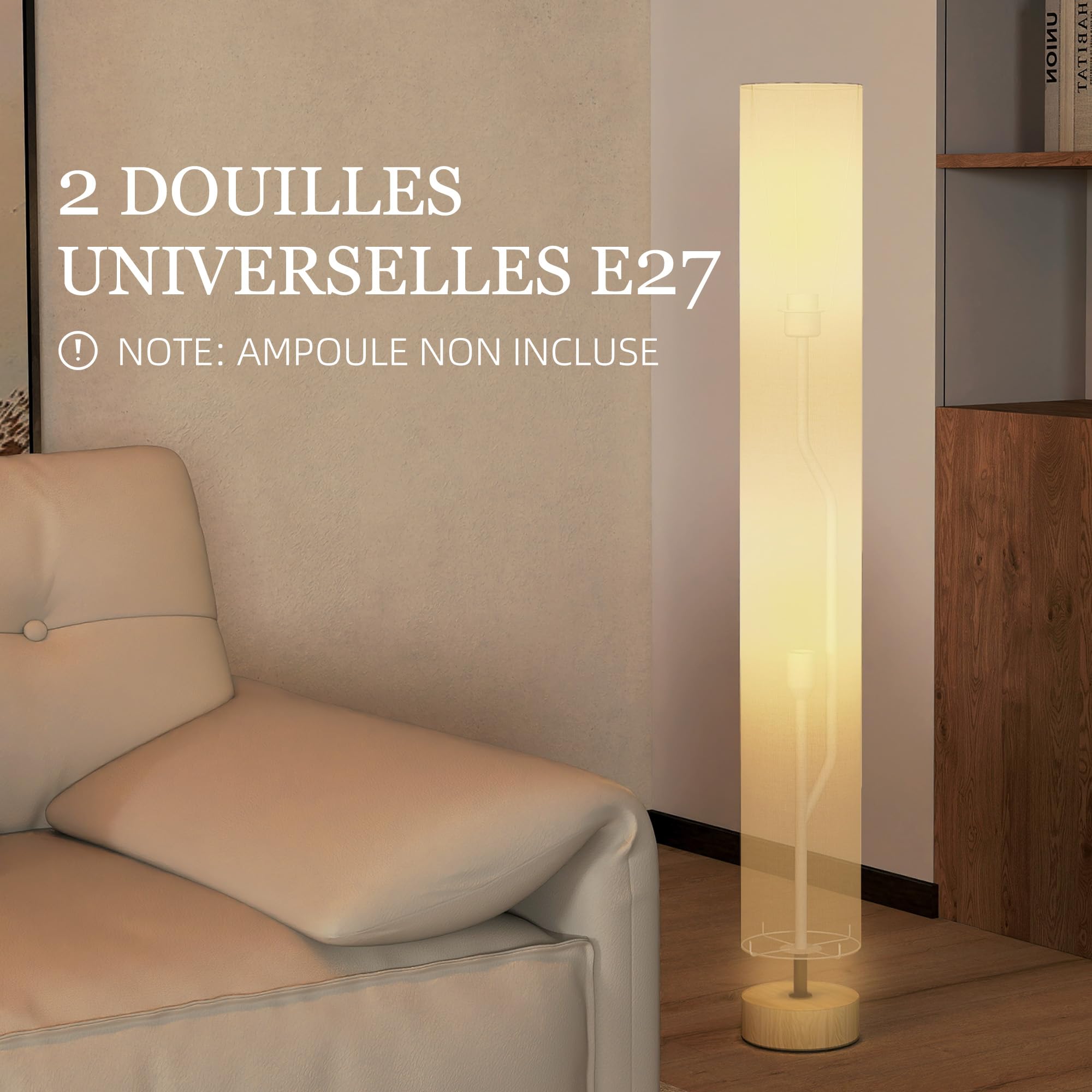HOMCOM Lampadaire lampe sur pied de salon abat-jour en lin contemporain avec interrupteur à pied, 2 x douille E27, lampadaire salon, chambre à coucher, bureau, 120 cm, beige
