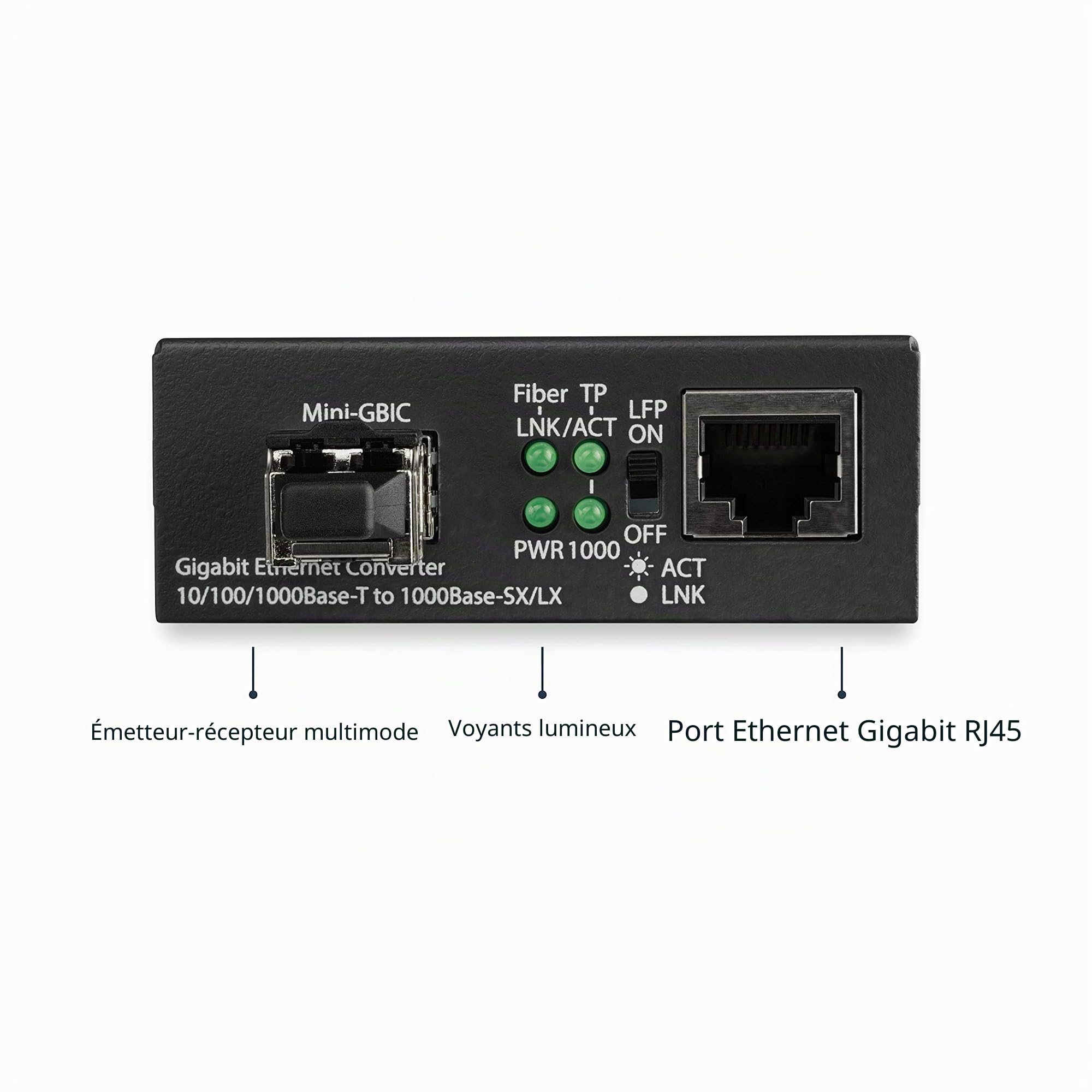 StarTech Convertisseur Fibre Multimode LC, 550m, Gigabit (MCM1110MMLC) | Media, 10/100/1000, 850nm, SFP inclus, Full duplex, Montage mural, Indicateurs LED