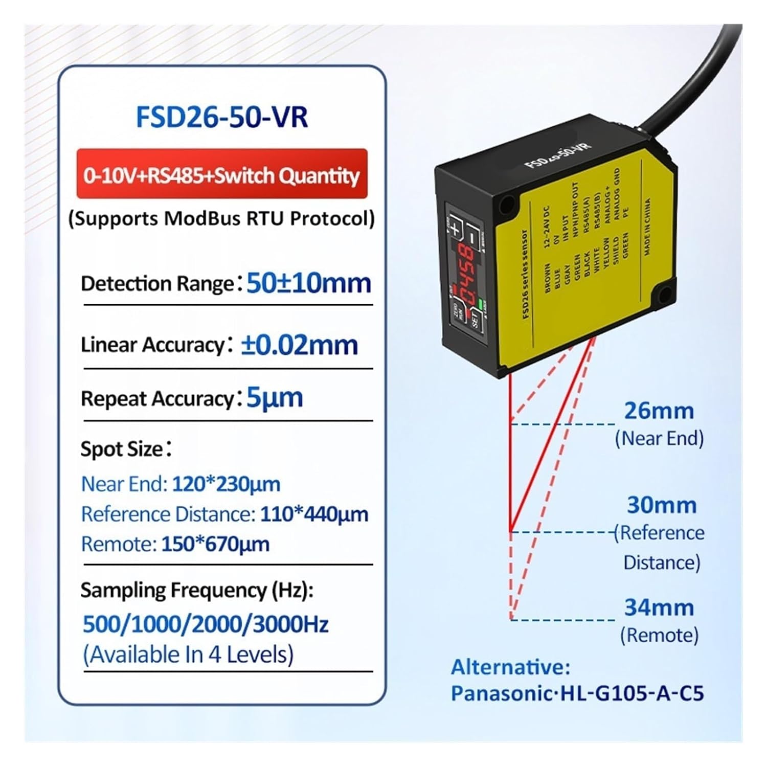 FSD26-30 High Precision Displacement Sensor 30±4mm Range Digital Display 2μm Resolution for Industrial Measurement