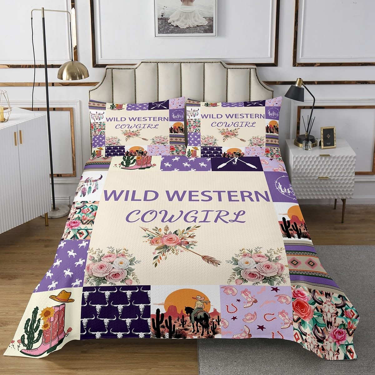jejeloiu Kids Purple Western Aztec Coverlet Set King Size Wild Cowgirl Boots Bedspread for Boys Girls Teens Room Decor Bull Skull Southwestern Rustic Floral Quilted Coverlet