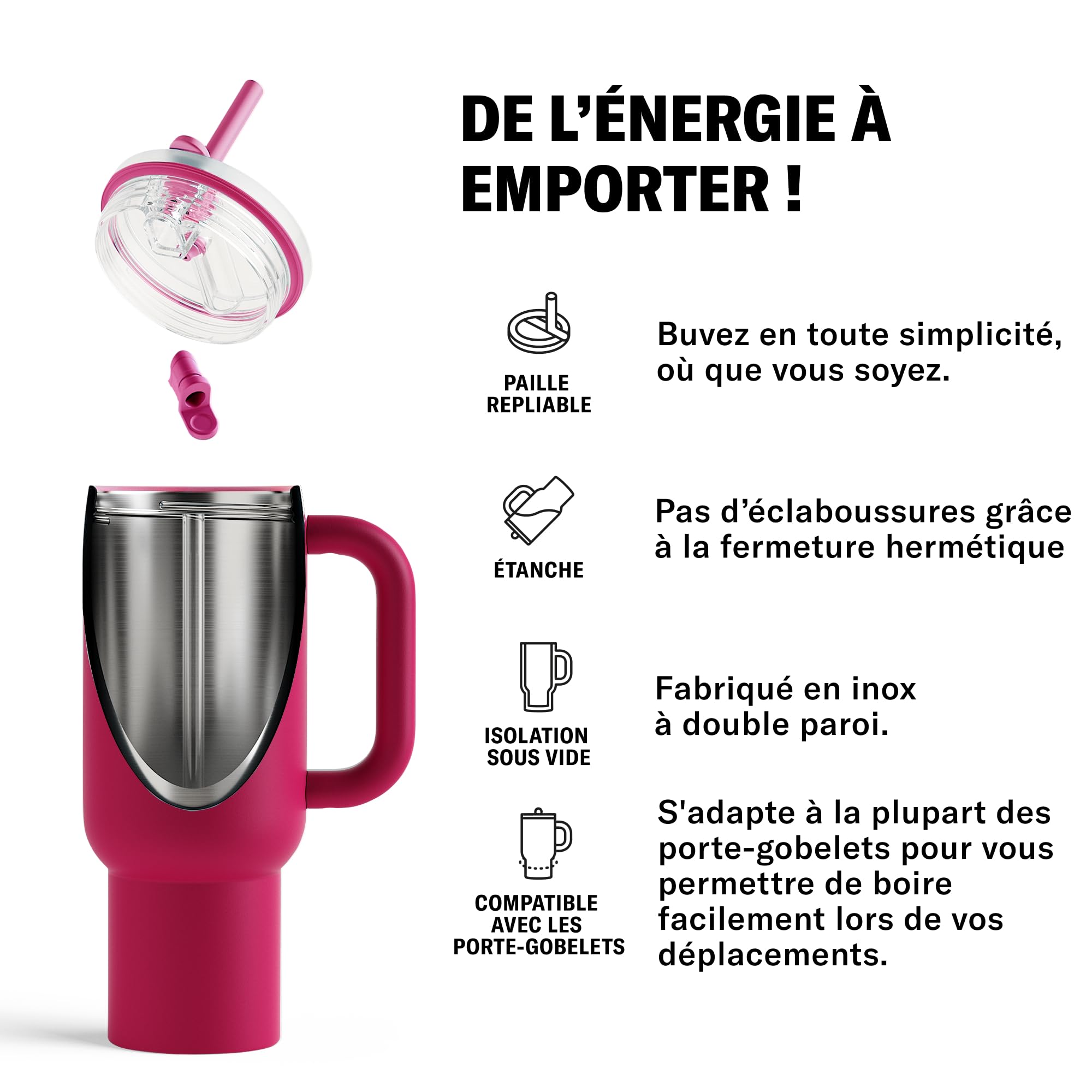 waterdrop® Gourde Isotherme avec Paille 1.1 litre - Froid Pendant 12 Heures, Mug Isotherme, Tasse Isotherme avec Poignée, Bouteille d'eau en Acier Inoxydable