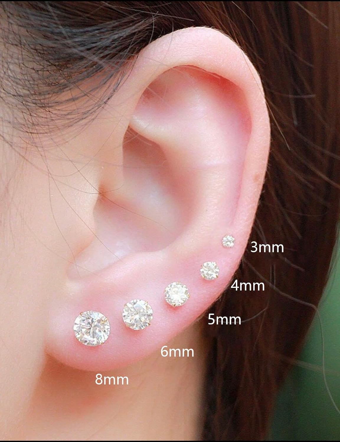 Hypoallergenic Flat Back 5A CZ Stud Earrings, Gold Plated Surgical Steel Secure Screw Back Cartilage Earrings for Women Men with Sensitive Ears | Multiple Piercing, 3-8mm CZ - Image 6