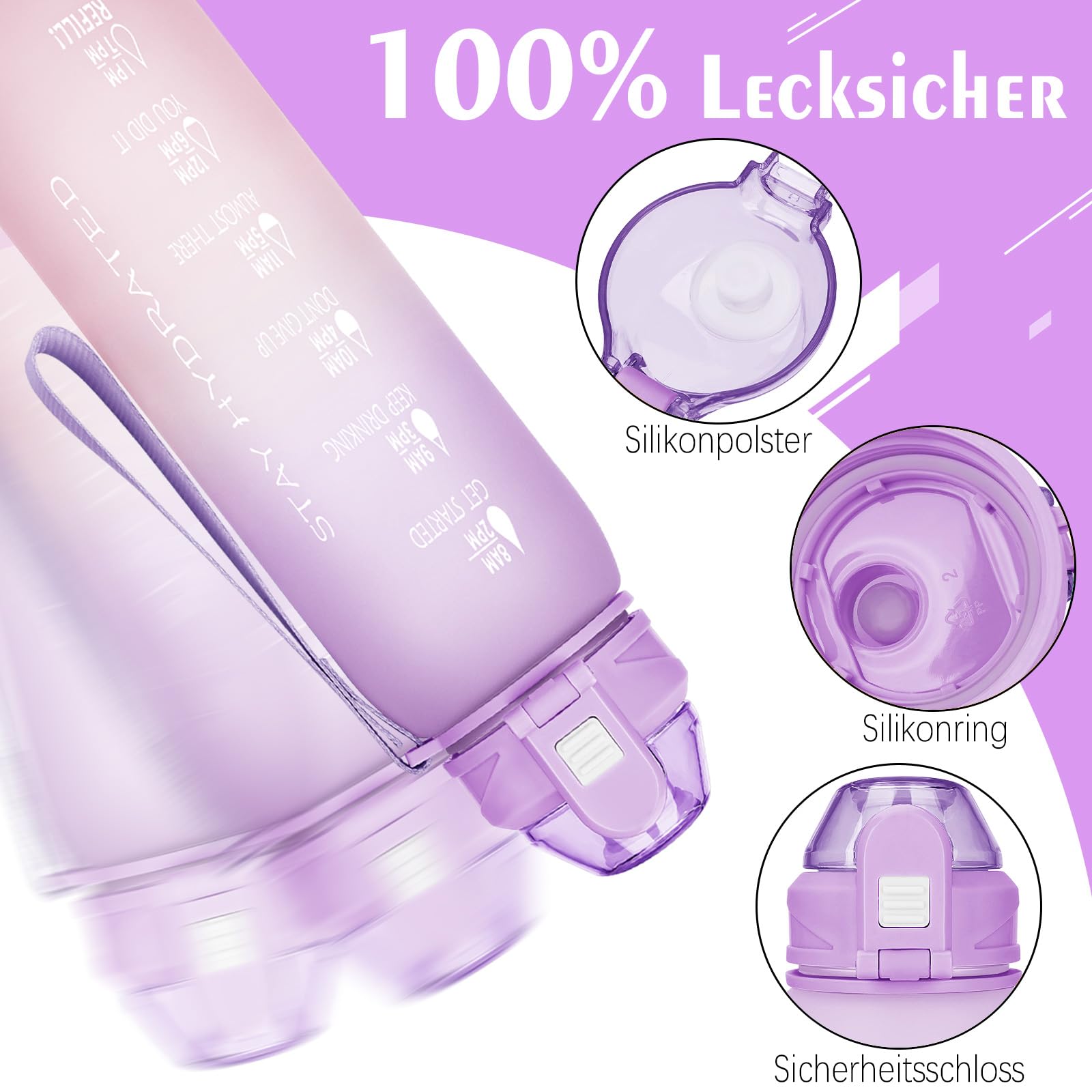 Active 100 Sport Trinkflasche 1 Liter – Mit Zeitmarkierung & Motivierenden Sprüchen, Auslaufsicher, BPA-frei, Für Fitness, Büro & Unterwegs