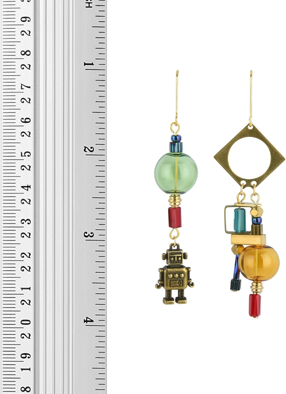 Mismatched Robot Dangle Earrings for Women, Steampunk Handmade Jewelry with Colorful Beads, Unique Quirky Asymmetric Drop Earrings, Vintage Boho Jewelry Gift for Her