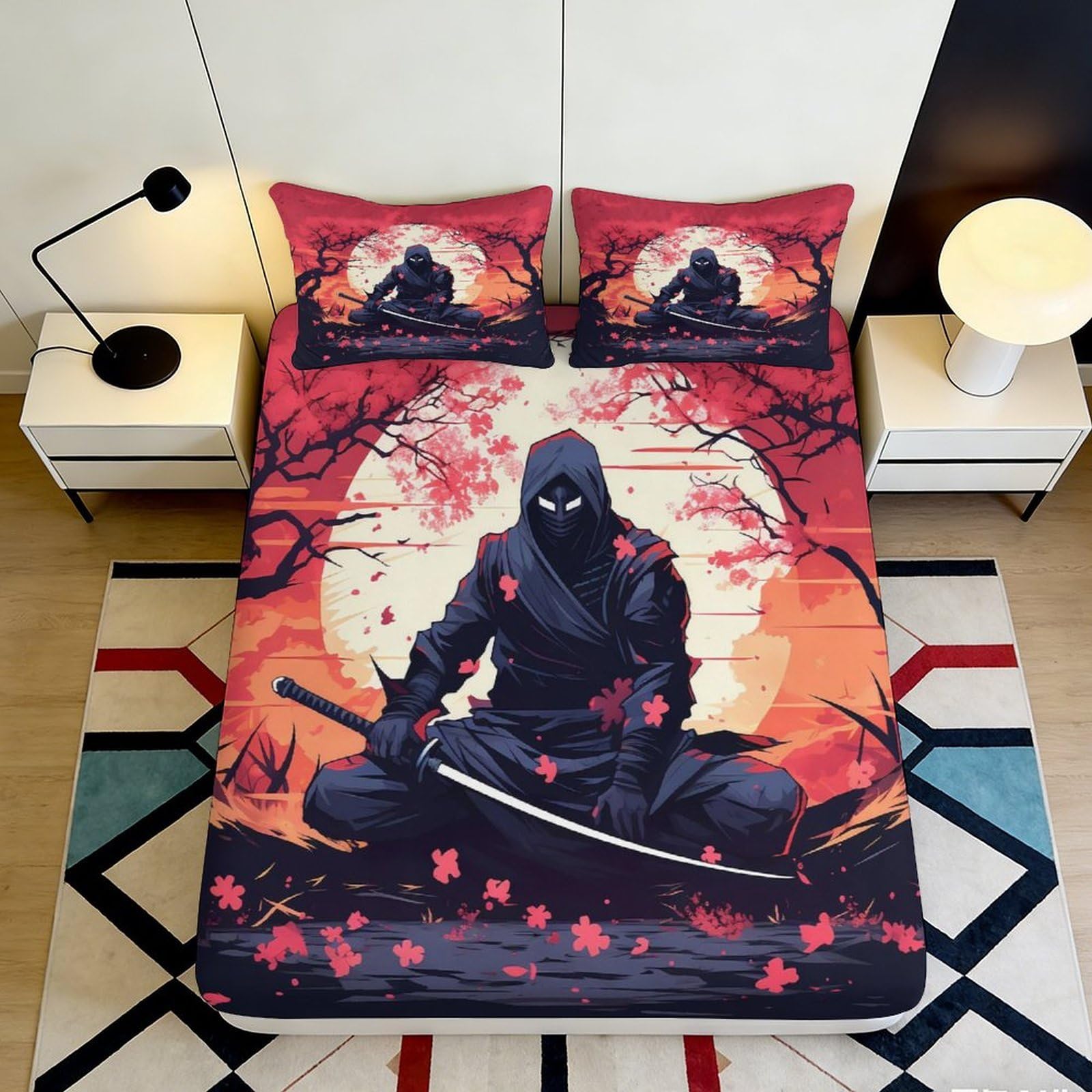 3D Printed Ninja Warrior Fitted Sheet Microfiber Soft Breathable Samurai Sword Bed Cover for Bedroom Dorm Decor 90x200x25cm