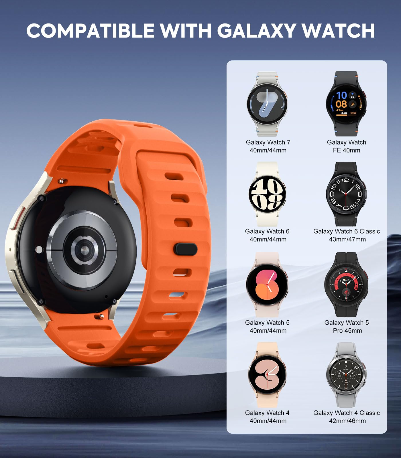 MoKo Rugged No Gap Bands Compatible with Samsung Galaxy Watch 7 FE 6 5 4 Band 40mm 44mm/Watch 6 4 Classic 43mm 47mm 42mm 46mm/Watch 5 Pro 45mm, Silicone Replacement Sport Strap Men, Orange
