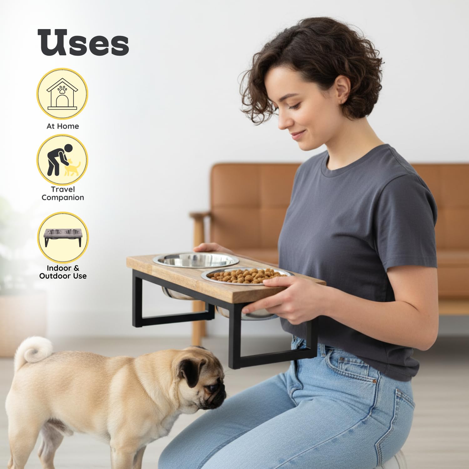 Soporte elevado de madera para perros con 2 cuencos de acero inoxidable para alimentos, plato de alimentación de agua de 4 pintas/2 cuartos de galón, comedero para mascotas para gatos y