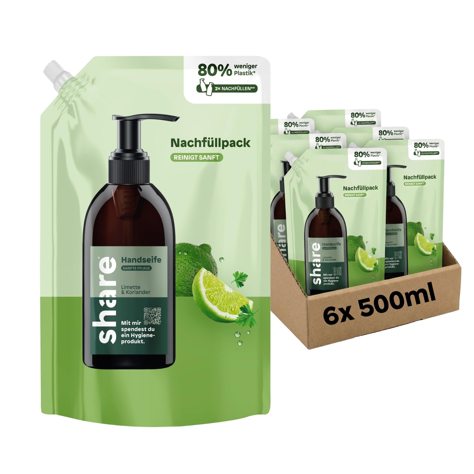 share Flüssigseife Nachfüllpack Limette & Koriander (6x500ml) | Sanfte Reinigung, Vegan, pH-hautneutrale flüssige Seife mit ätherischen Ölen – Jeder Handseife Nachfüllbeutel spendet