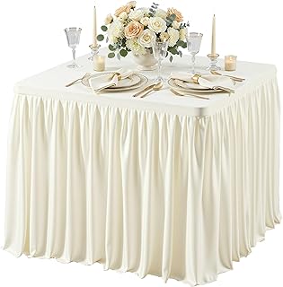 Wish Care 34x34 Inch Ivory Square Tablecloth - Wrinkle Resistant Fitted Card Table Cloth Elastic Pleated Square Table Cover for Trade Shows, Weddings, Parties & Banquets (1 Pack)