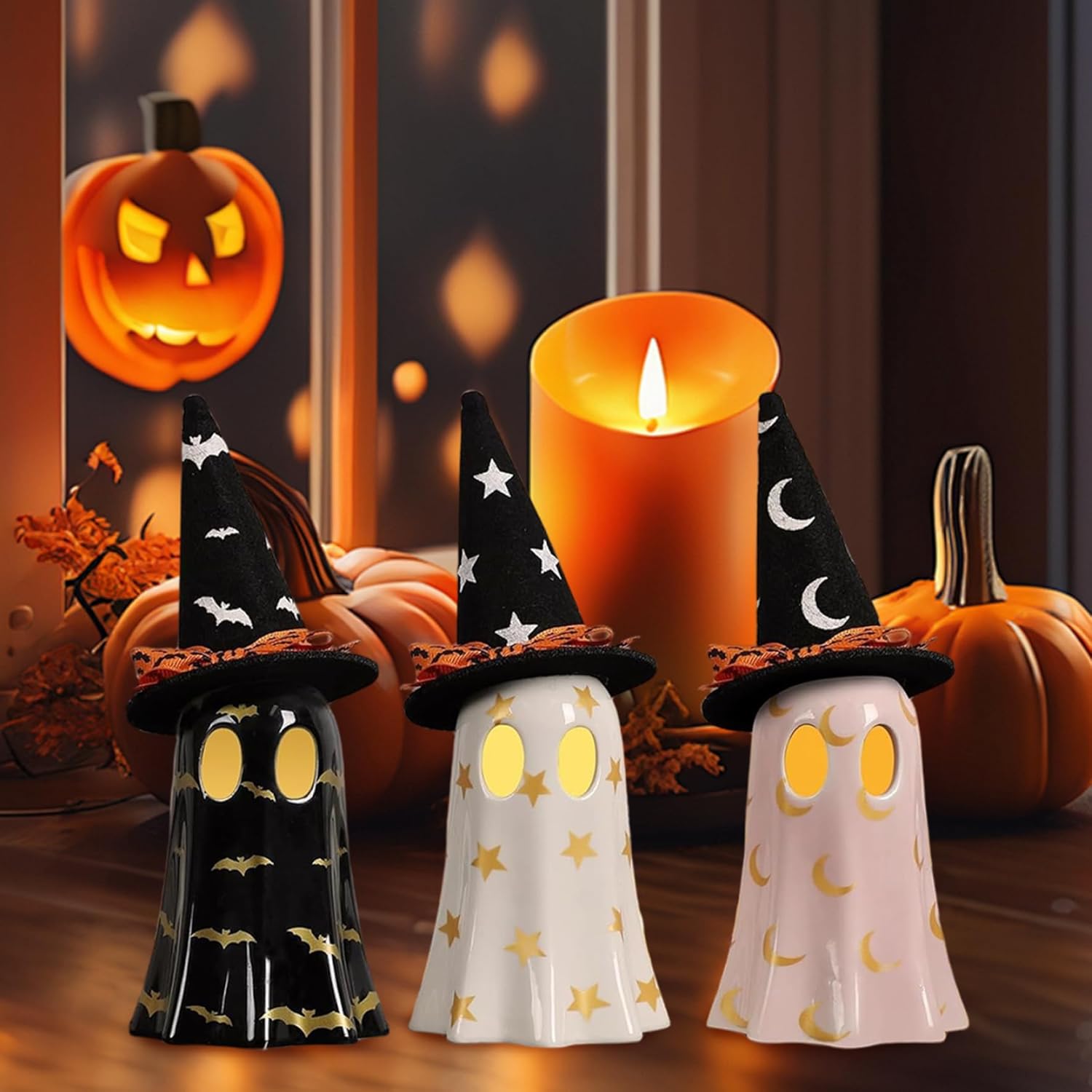 Halloween Decorations Ceramic Ghost Decor 3PCS Light up Cute Ghost Figurine with Witch Hat Spooky Home Decor for Mantel Shelf & Tabletop